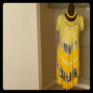 Tye Dye Dress Women's One Size Yellow Long Dress Short Sleeves